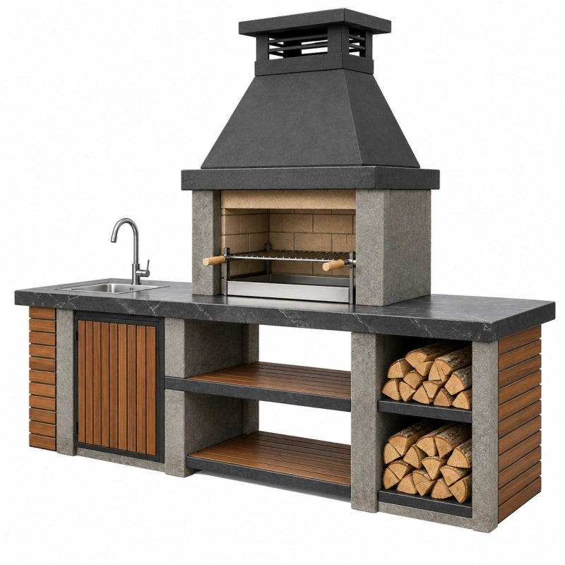 Außenküche 220 x 70 x 220 cm Schwarz Grau mit Grill Spüle und Stauraum