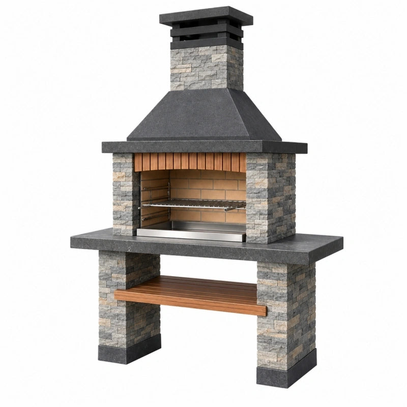 Gartengrillkamin 150 x 70 x 230 cm aus Stein Grau mit Grillrost und Ablage