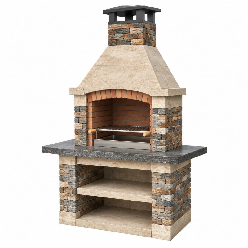 Gartengrill 120 x 70 x 210 cm Naturstein Beige Braun Grillkamin mit Grillrost