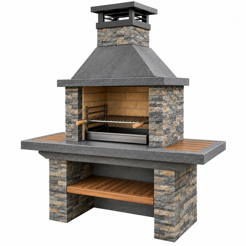 Grillkamin 120 x 70 x 220 cm aus Stein und Beton Grau Braun für Garten mit Grillrost