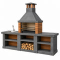 Grillküche 200 x 70 x 220 cm aus Beton in Anthrazit mit Holzverkleidung und Spülbecken