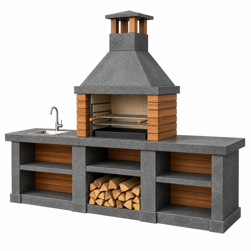 Grillküche 200 x 70 x 220 cm aus Beton in Anthrazit mit Holzverkleidung und Spülbecken