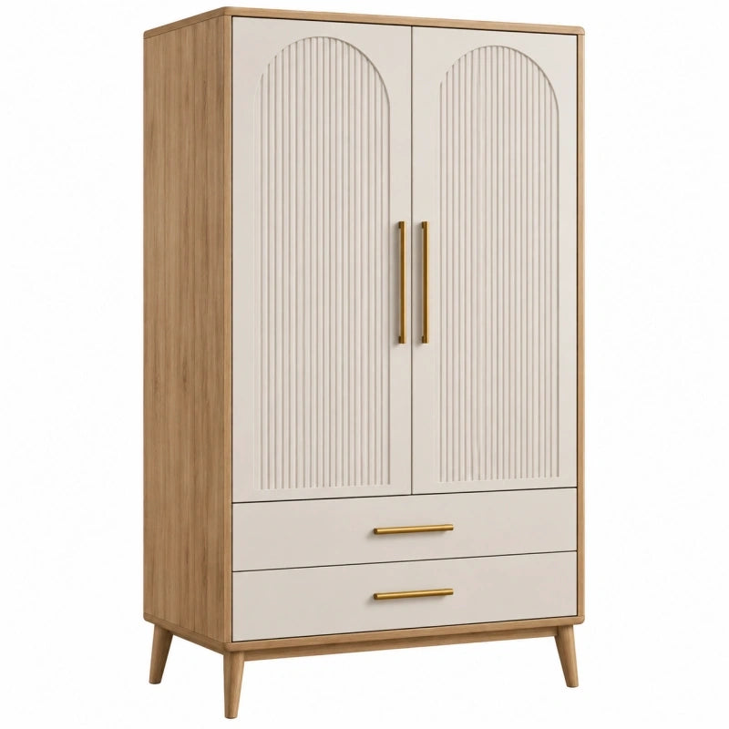 Kleiderschrank 80 cm Holzwerkstoff Naturweiß mit 2 Türen 2 Schubladen und Rillenfront
