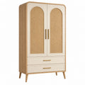 Kleiderschrank 90 x 45 x 180 cm Holz Rattan Natur Beige mit 2 Türen 2 Schubladen