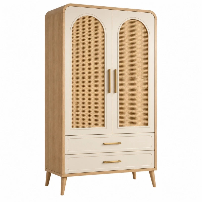 Kleiderschrank 90 x 45 x 180 cm Holz Rattan Natur Beige mit 2 Türen 2 Schubladen