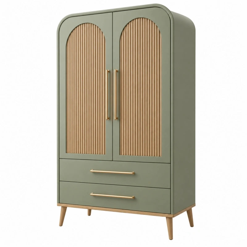 Kleiderschrank 100 x 45 x 180 cm Holzwerkstoff Grün/Natur mit 2 Türen und 2 Schubladen im Retro-Stil