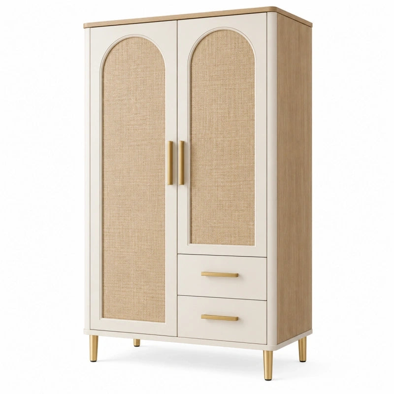 Kleiderschrank 80 x 40 x 180 cm aus Holzwerkstoff in Weiß und Natur mit Rattanoptik