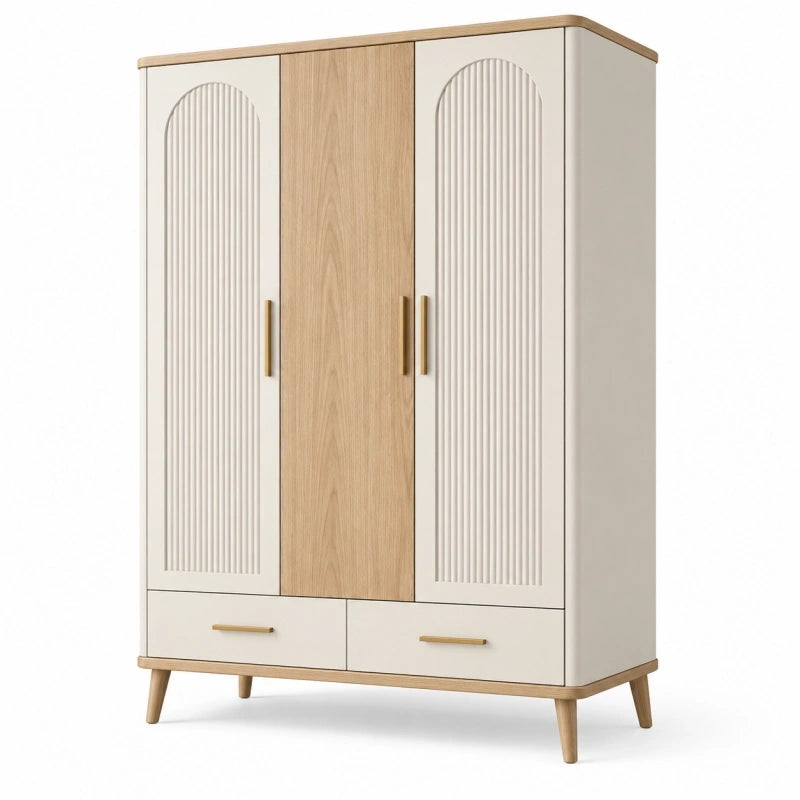 Kleiderschrank 120 x 55 x 190 cm Holzwerkstoff Creme Eichenholzoptik mit 3 Türen und 2 Schubladen