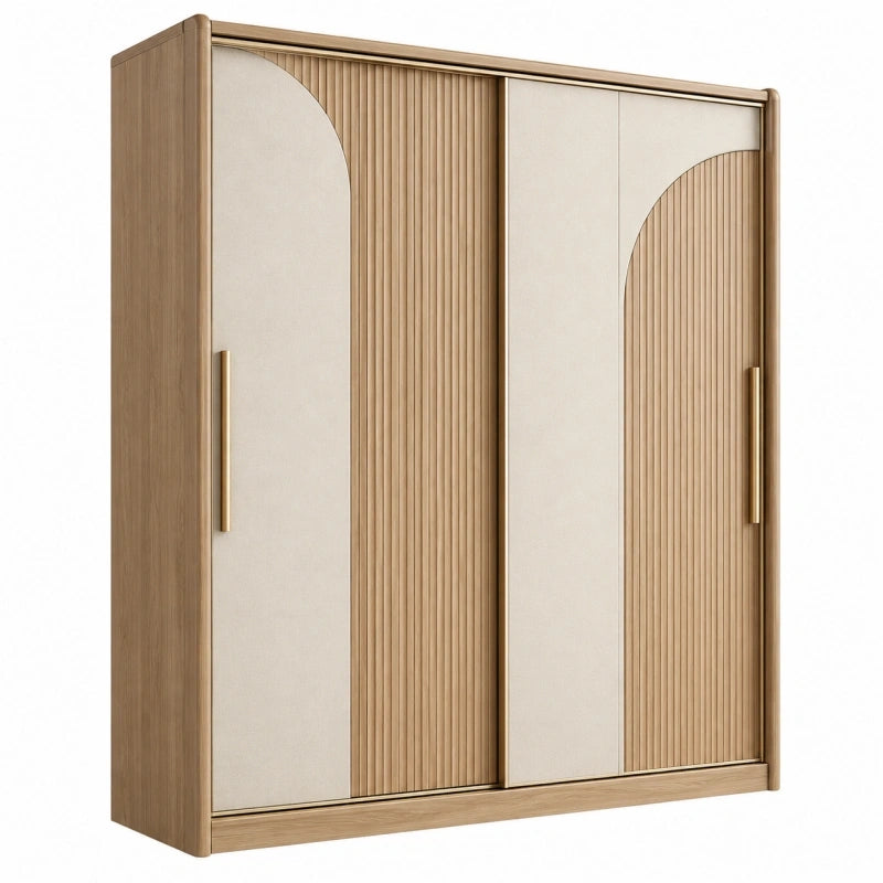 Kleiderschrank 200 x 60 x 220 cm Holzwerkstoff Naturholz Beige mit Schiebetüren geriffeltes Design