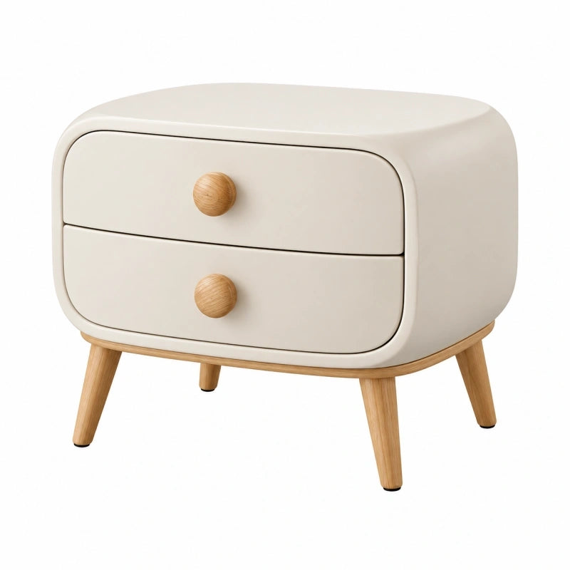 Nachttisch 60 x 40 x 55 cm in Creme mit Holzbeinen und 2 Schubladen im skandinavischen Stil