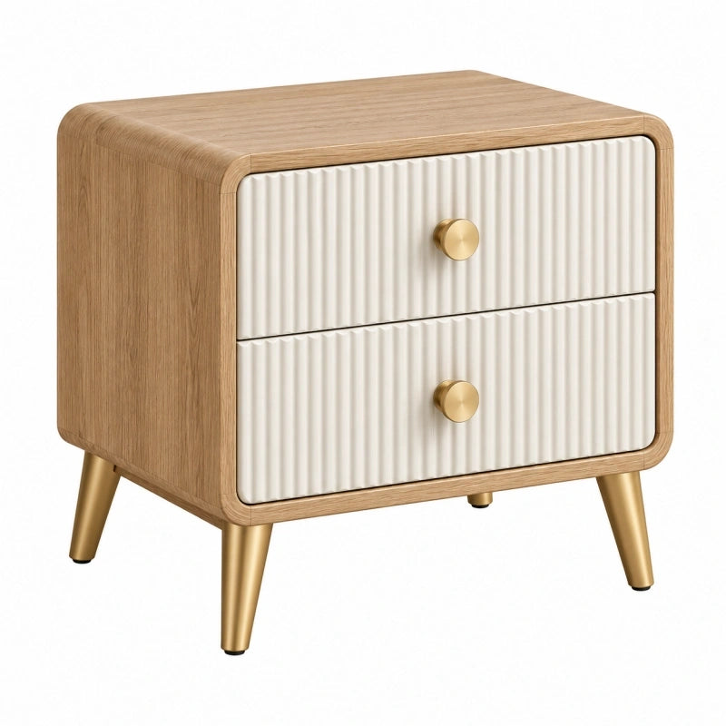 Nachttisch 50 x 40 x 55 cm Holzoptik Weiß Gold mit 2 Schubladen geriffelter Front