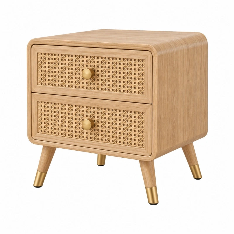 Nachttisch 45 x 40 x 55 cm Holzoptik mit Rattangeflecht - 2 Schubladen