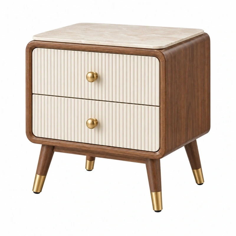 Nachttisch 50 x 40 x 60 cm Holzwerkstoff Braun Creme mit 2 Schubladen und Steinoptikplatte
