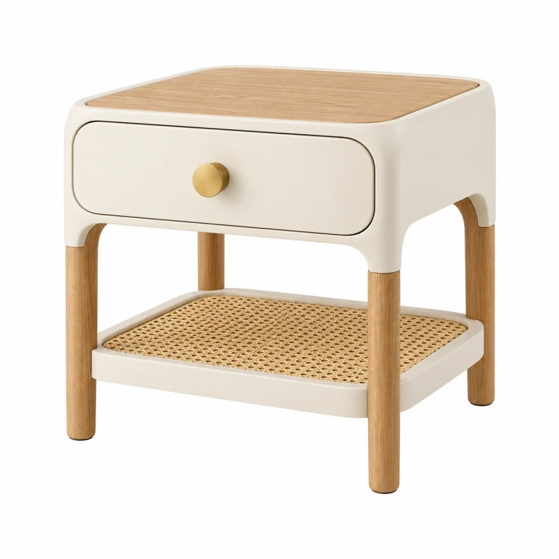 Nachttisch 45 x 40 x 55 cm Holz Weiß Natur mit Schublade und Rattablage