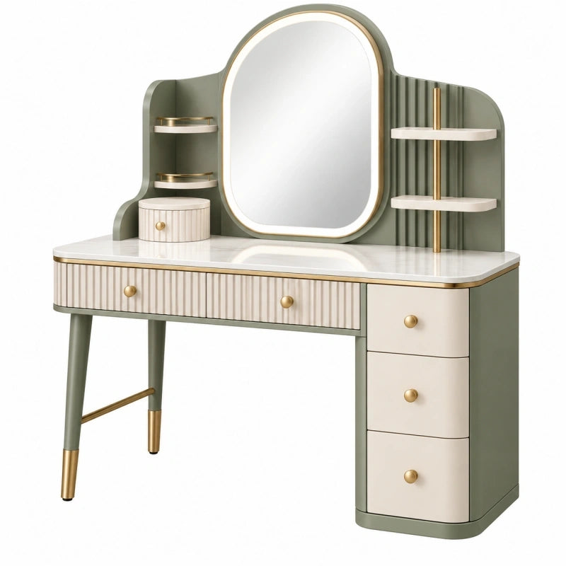 Schminktisch 100 cm Holzwerkstoff Grün Creme Gold mit Spiegel Schubladen und Ablagen
