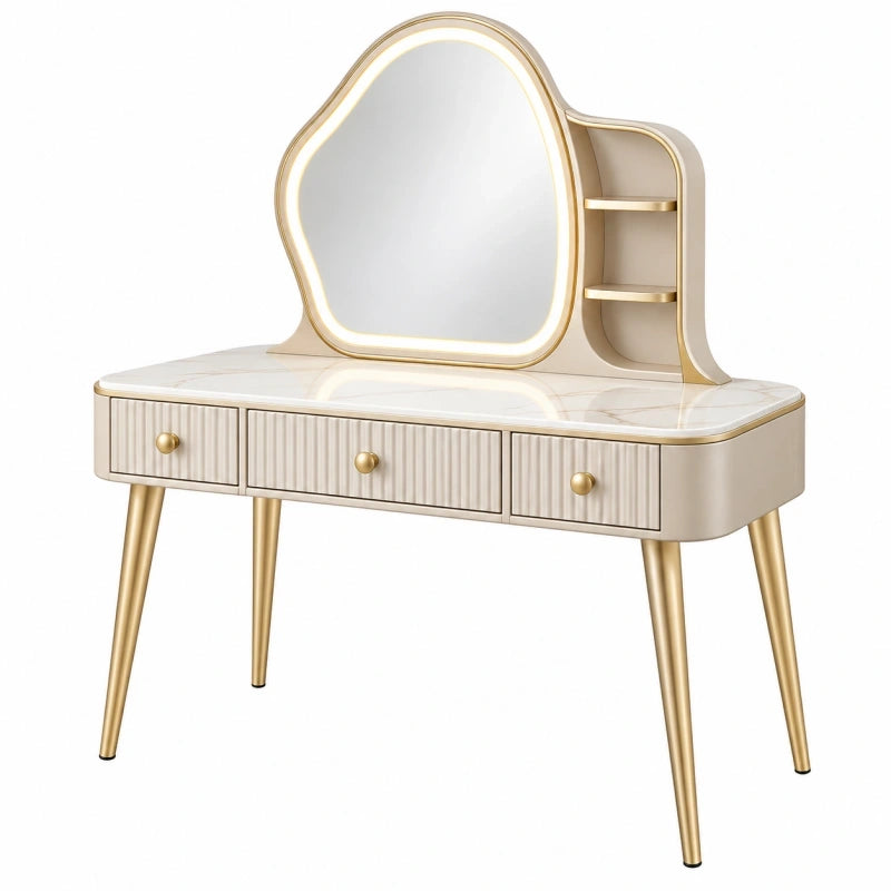 Frisiertisch 100 x 45 x 140 cm in Creme und Gold mit Spiegel LED-Beleuchtung und Schubladen