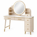 Schminktisch 120 x 50 x 145 cm Holzwerkstoff Cremeweiß Gold mit Spiegel Beleuchtung und Schubladen