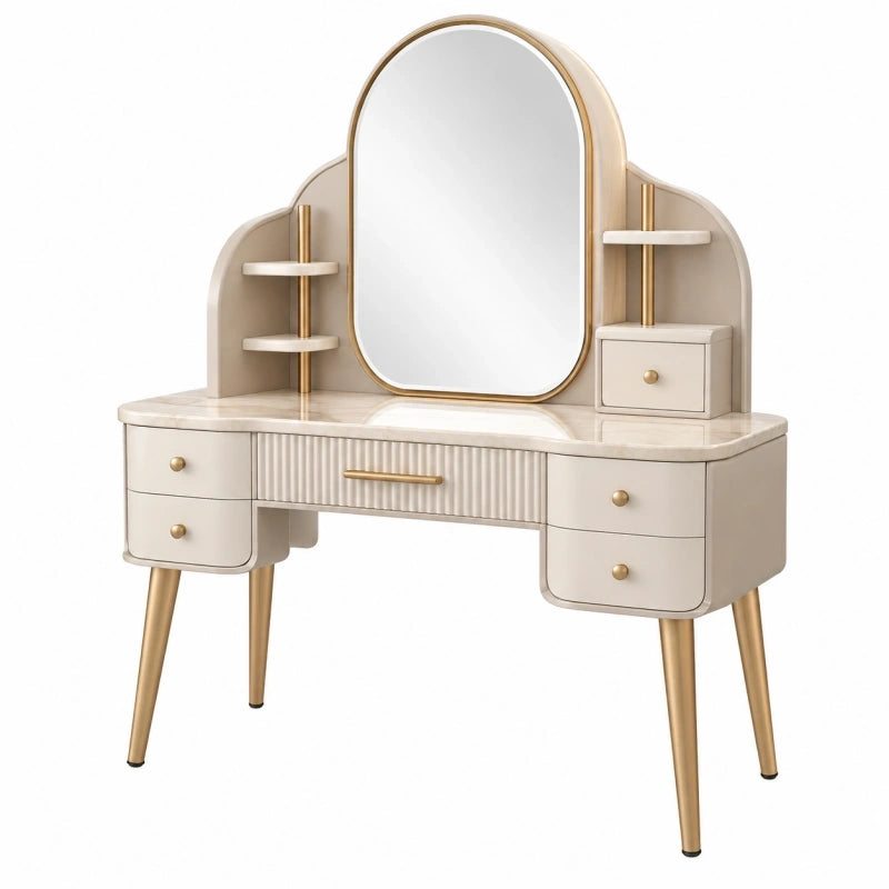 Schminktisch 120 x 50 x 160 cm Beige/Gold mit Spiegel Schubladen und Ablagen