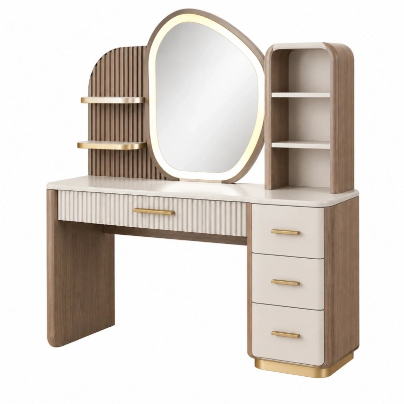 Schminktisch 120 x 45 x 140 cm Holzwerkstoff Beige Braun Gold mit Spiegel Schubladen und Ablagen