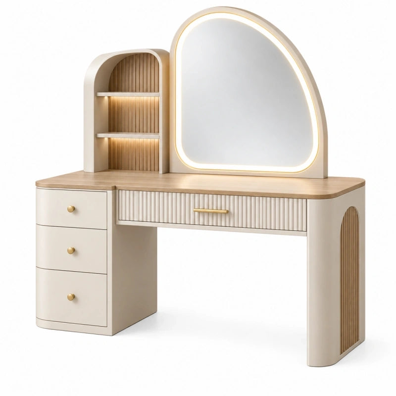Schminktisch 120 x 50 x 145 cm in Creme Naturholz mit Spiegel LED-Beleuchtung und Schubladen