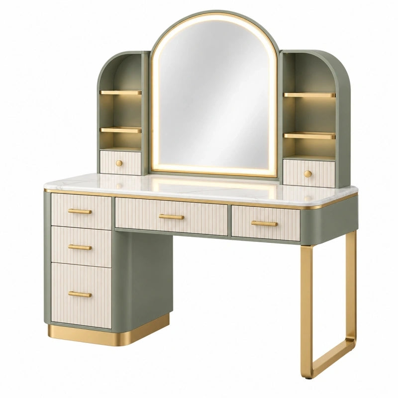 Schminktisch 120 x 50 x 160 cm mit Spiegel MDF Grün Weiß Gold Art Deco mit Schubladen und Ablagen