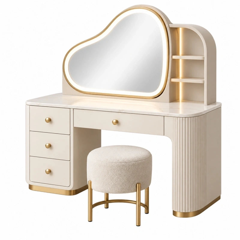 Schminktisch Set 100 x 45 x 140 cm aus Holzwerkstoff in Cremeweiß mit Spiegel und Stauraum